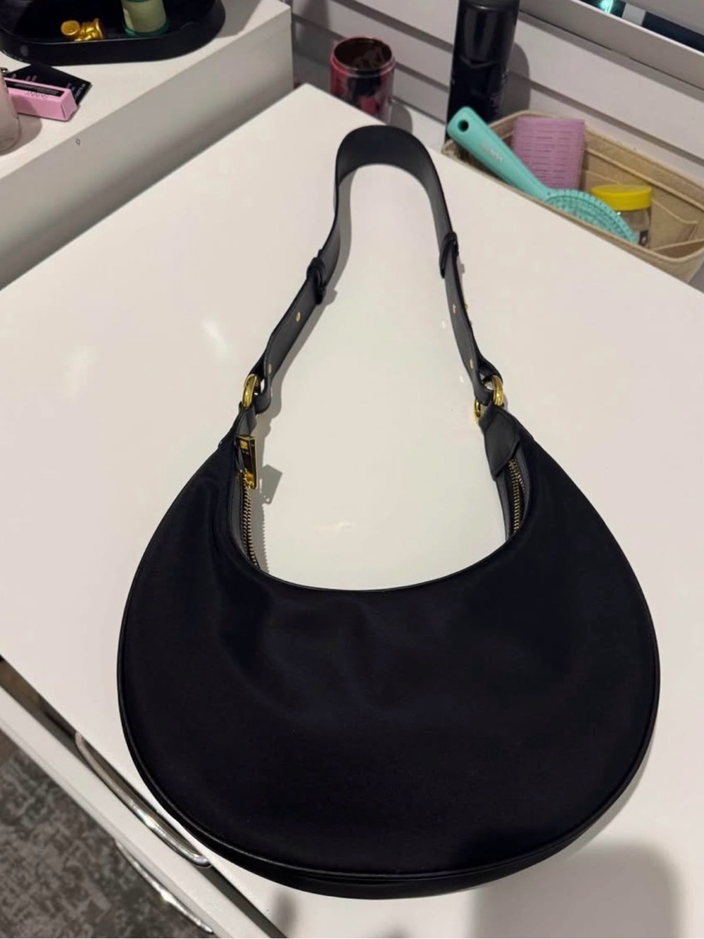 JW PEI Black Crescent Shoulder Bag with Gold Hardware